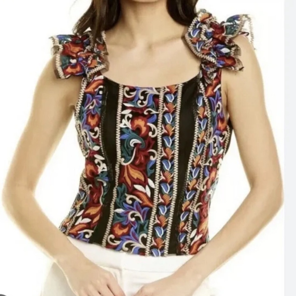 Anthropologie Eva Franco Florence Embroidered Corset Top Black Floral Sz XS